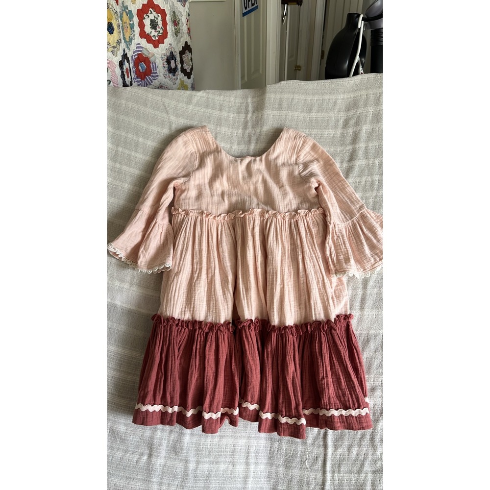 Matilda Jane Girls Dress Size 8 Pink Ruffle Tiered Long Sleeve Smocked